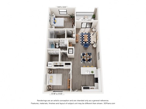 Floor plan for 2 beds, 2 baths, 1038 sqft